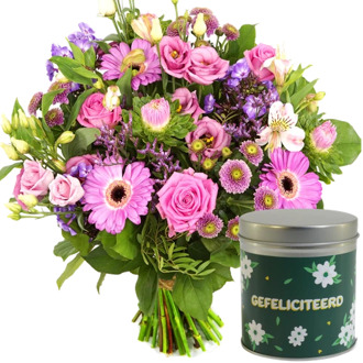 Roze paars boeket + gefeliciteerd blikje