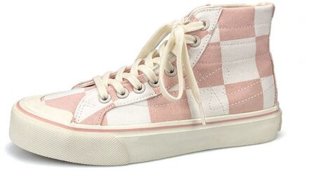 Roze Plaid Hoge Top Canvas Schoenen Vrouwelijke Witte Schoenen Student Geruite Plats Schoenen Board Schoenen Stiksels Schoenen 35