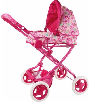 Roze poppen wandelwagen met bloemen - Babypoppenwagen