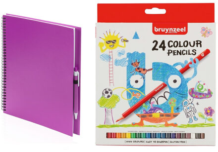 Roze schetsboek/tekenboek met 24 kleurpotloden - Tekenen/kleuren