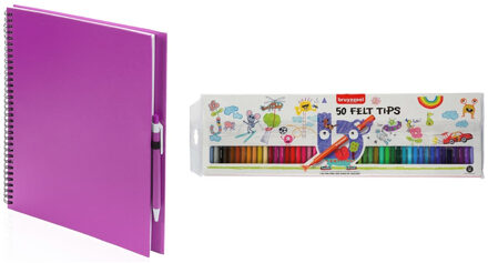 Roze schetsboek/tekenboek met 50 viltstiften - Tekenen/kleuren