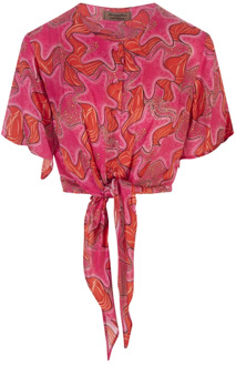 Roze Sterrenprint Knoop Crop Shirt Alessandro Enriquez , Pink , Dames - S,Xs