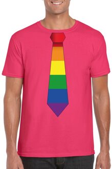 Roze t-shirt met regenboog vlag stropdas heren S