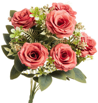 Rozen kunstbloemen boeket - 6x - roze - H43 cm