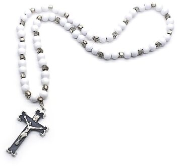 Rozenkrans Ketting Jezus Christus Kruis Hanger Kettingen Lichtmetalen Bead Lange Ketting Mannen Vrouwen Christian Mode-sieraden wit