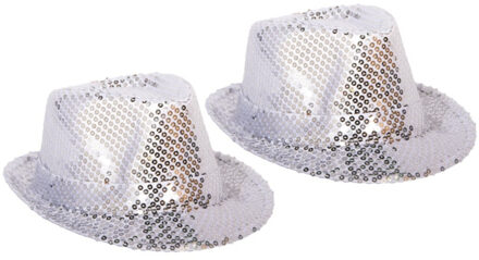 Rubies 2x stuks zilveren carnaval verkleed hoedje met pailletten - bling bling glitter hoeden