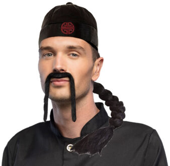 Rubies Aziatisch Chinese verkleedset - hoedje met kwast en snor - Carnaval verkleed accessoires