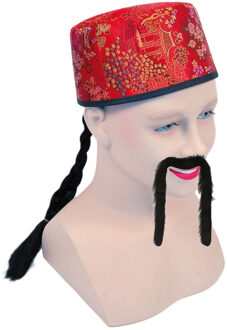 Rubies Aziatisch Chinese verkleedset - hoedje met kwast en snor - Carnaval verkleed accessoires