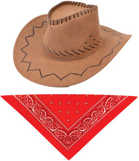 Rubies Carnaval verkleed hoed voor een cowboy - bruin - polyester - heren/dames incl. bandana