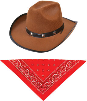 Rubies Carnaval verkleed hoed voor een cowboy - bruin - polyester - heren/dames - incl. bandana