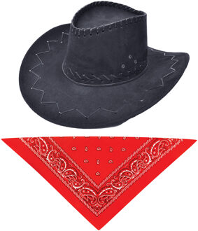 Rubies Carnaval verkleed hoed voor een cowboy - zwart - polyester - heren/dames - incl. bandana