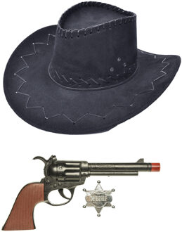 Rubies Carnaval verkleed hoed voor een cowboy - zwart - polyester - heren/dames - incl. pistool