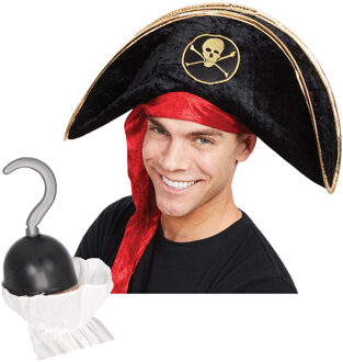 Rubies Carnaval verkleed hoed voor een Piraat - zwart - polyester - heren/dames - incl. piratenhaak