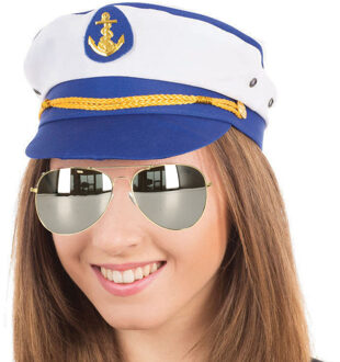 Rubies Carnaval verkleed pet kapitein/zeeman - blauw/wit - volwassenen - one size - incl. bril