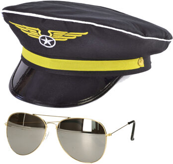 Rubies Carnaval verkleed piloten pet/hoed - zwart - voor volwassenen - one size - incl. bril