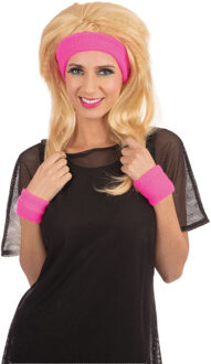 Rubies Carnaval verkleed set - Zweetbandjes set - neon roze - Foute 80s/90s party