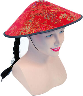 Rubies Chinese koelie hoed - rood - met vlecht - volwassenen