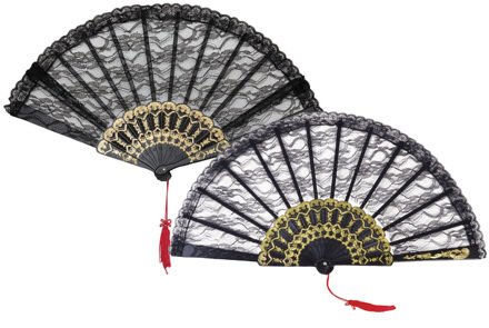 Rubies Handwaaier/Spaanse waaier van kant - 2x - zwart/goud - polyester - 40 cm