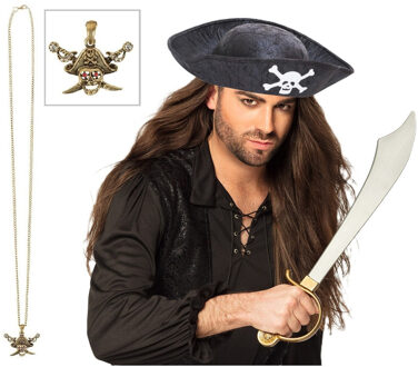 Rubies Verkleed set Piraten hoed - zwart - met gouden piraten ketting - zwaard - kinderen