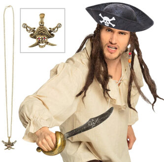Rubies Verkleed set Piraten hoed - zwart - met gouden piraten ketting - zwaard - kinderen