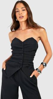 Ruched Button Front Tailored Waistcoat, Black - 34