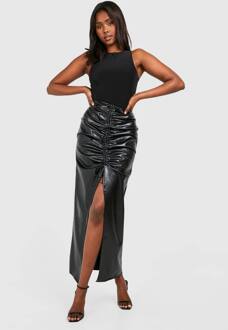 Ruched Leather Look Split Maxi Rok, Black - 34