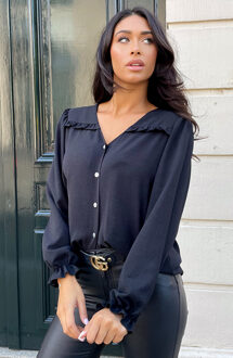 Ruffle Blouse Met Pofmouwen Zwart