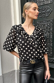 Ruffle Blouse Polkadots Zwart Wit/Zwart