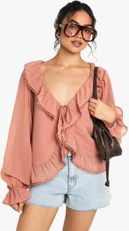 Ruffle Chiffon Crochet Trim Blouse, Blush - 34