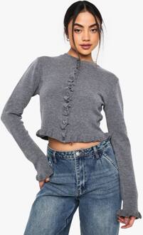 Ruffle Front Lightweight Knitted Cardigan, Grey - S