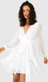 Ruffle Hem Dobby Chiffon Mini Jurk, White - 38