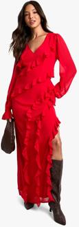 Ruffle Lange Mouw Chiffon Maxi-Jurk, Red - 36