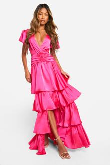 Ruffle Tiered Cut Out Maxi Dress, Hot Pink - 12