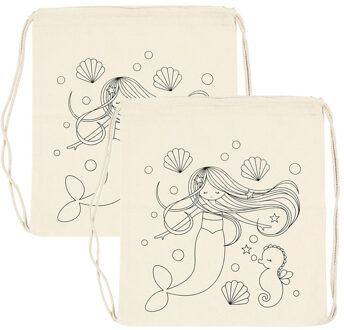 Rugzakje met zeemeermin print - 2x - inkleurbaar - canvas - 37 x 41 cm