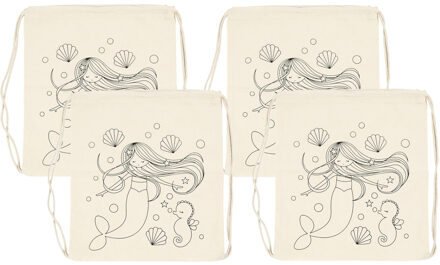 Rugzakje met zeemeermin print - 4x - inkleurbaar - canvas - 37 x 41 cm