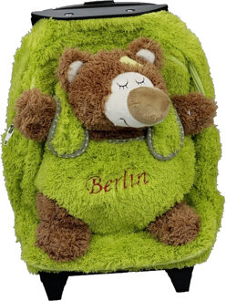 Rugzaktrolley kinderkoffer - pluche beer knuffel - kunststof/polyester - 35 x 25 x 13 cm Groen