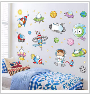 Ruimte Astronaut Cartoon Muursticker Kinderkamer Decoratie Slaapkamer Art Achtergrond Baby Autocollant Muurschildering