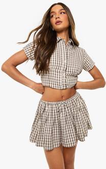 Ruitjesprint Trekkoord Geplooide Minirok, Beige - 44