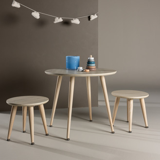 Runar ronde houten kindertafel met krukjes whitewash – set van 3 Bruin