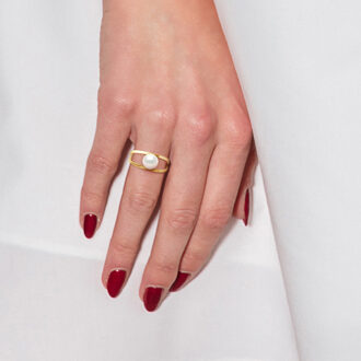 Rush Ring zoetwaterparels Button 7-8mm Natural White Yellow Gold Wit