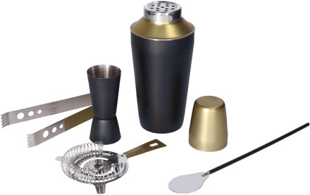 RVS barset / cocktailset / giftset met cocktailshaker 6-delig zwart/goud - Cocktailshakers