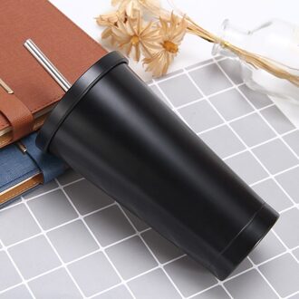 Rvs Dubbele Isolatie Cup 600Ml Vacuüm Stro Beker Met Deksel Bier Mokken Voor Thee Cup Metal Drinken stro Travel Cups zwart