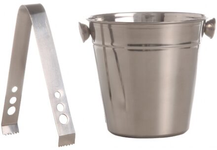 RVS ijsemmertje 12 cm met ijsblokjes tang - IJsemmers Zilverkleurig