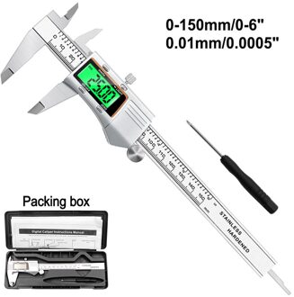 Rvs Metalen Omhulsel Digitale Schuifmaat 0-150Mm Meetinstrument Kleur Display Calipers doos