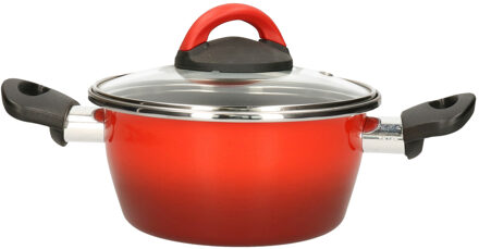 Rvs rode kookpan/pan met glazen deksel 16 cm 1 liter - Kookpannen Rood