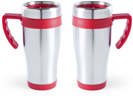 RVS thermosbeker/warmhoud koffiebeker - 2x stuks - rood - 500 ml - Isoleerbekers/reisbekers