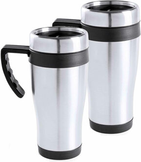 RVS thermosbeker/warmhoud koffiebeker - 2x stuks - zwart - 500 ml - Isoleerbekers/reisbekers