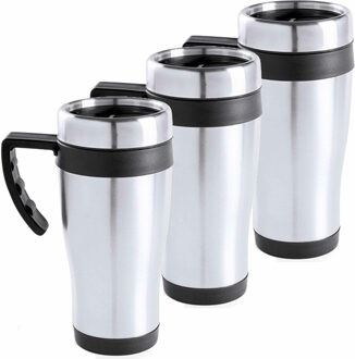 RVS thermosbeker/warmhoud koffiebeker - 3x - zwart - 500 ml - Isoleerbekers/reisbekers