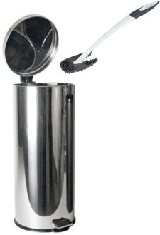 RVS vuilnisbak/pedaalemmer 30 liter 65 cm - Inclusief hygienische rand- en bodem reinigingsborstel