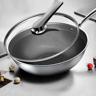 Rvs Wok Non-stick Pan Full Screen Honingraat Geen Lampblack Geen Coating Koekenpan Roestvrijstalen 34cm zonder hoes